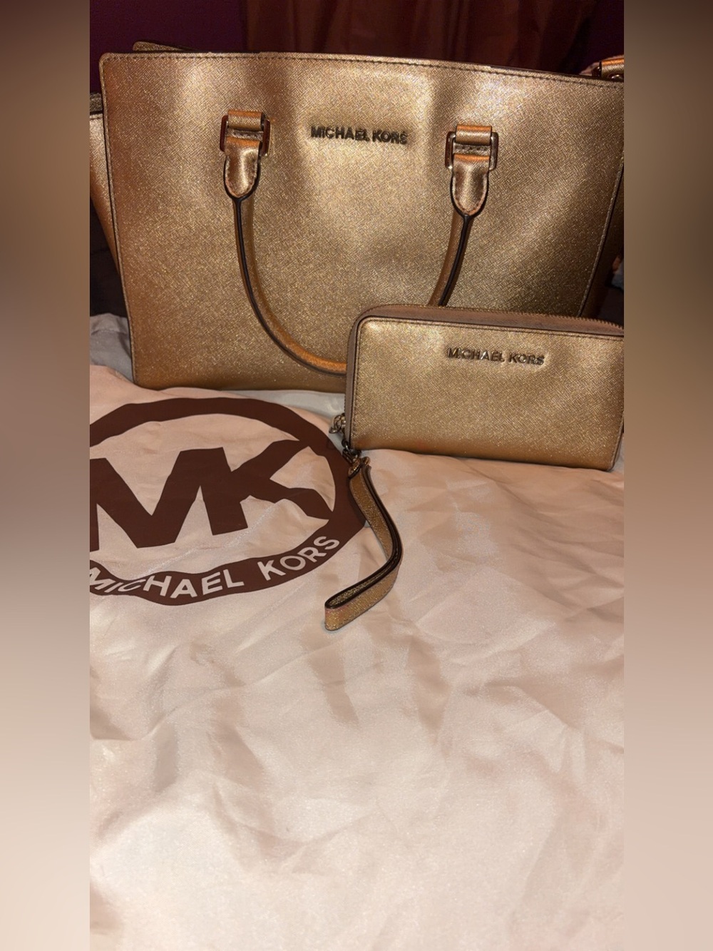 Michael Kors Jet Set Travel Saffiano Leather Tote Bag and Wallet Set Gold Tote